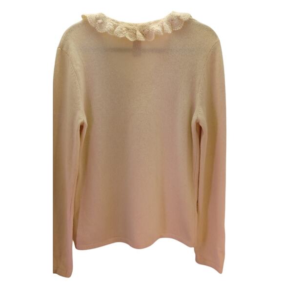 Lauren Ralph Lauren Lace Ruffle Trim Neck Cream Sweater Merino Wool Cashmere XL - Picture 2 of 8